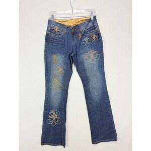 Dereon Embroidered Bootcut Jeans 5/6 Blue Y2K Fleur De Lis Low Rise Y2K McBling